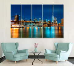 New York City Skyline  Brooklyn Bridge Park Night Panorama Cities Wall Art Artesty 5 panels 36" x 24" 