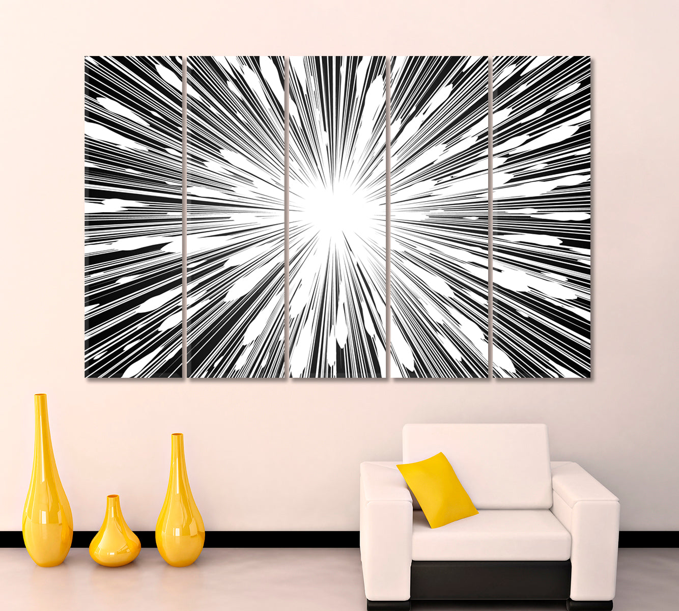 LIGHT RAYS Abstract Black and White Radial Lines Explosion Sun Ray Starburst Canvas Print Abstract Art Print Artesty 5 panels 36" x 24" 