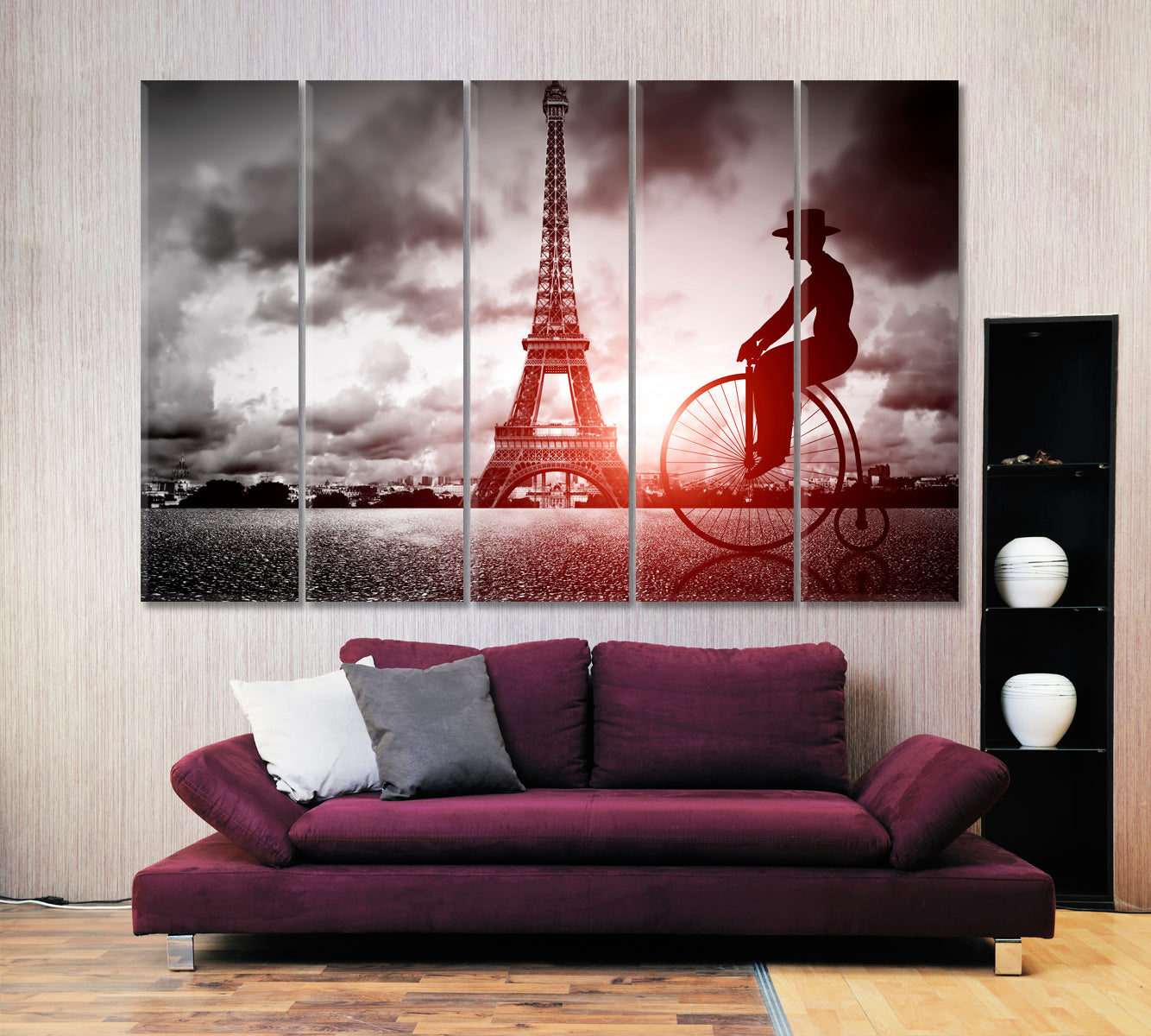 Man on a Retro Bicycle Eiffel Tower Paris France Black & White Vintage Canvas Print Vintage Affordable Canvas Print Artesty 5 panels 36" x 24" 