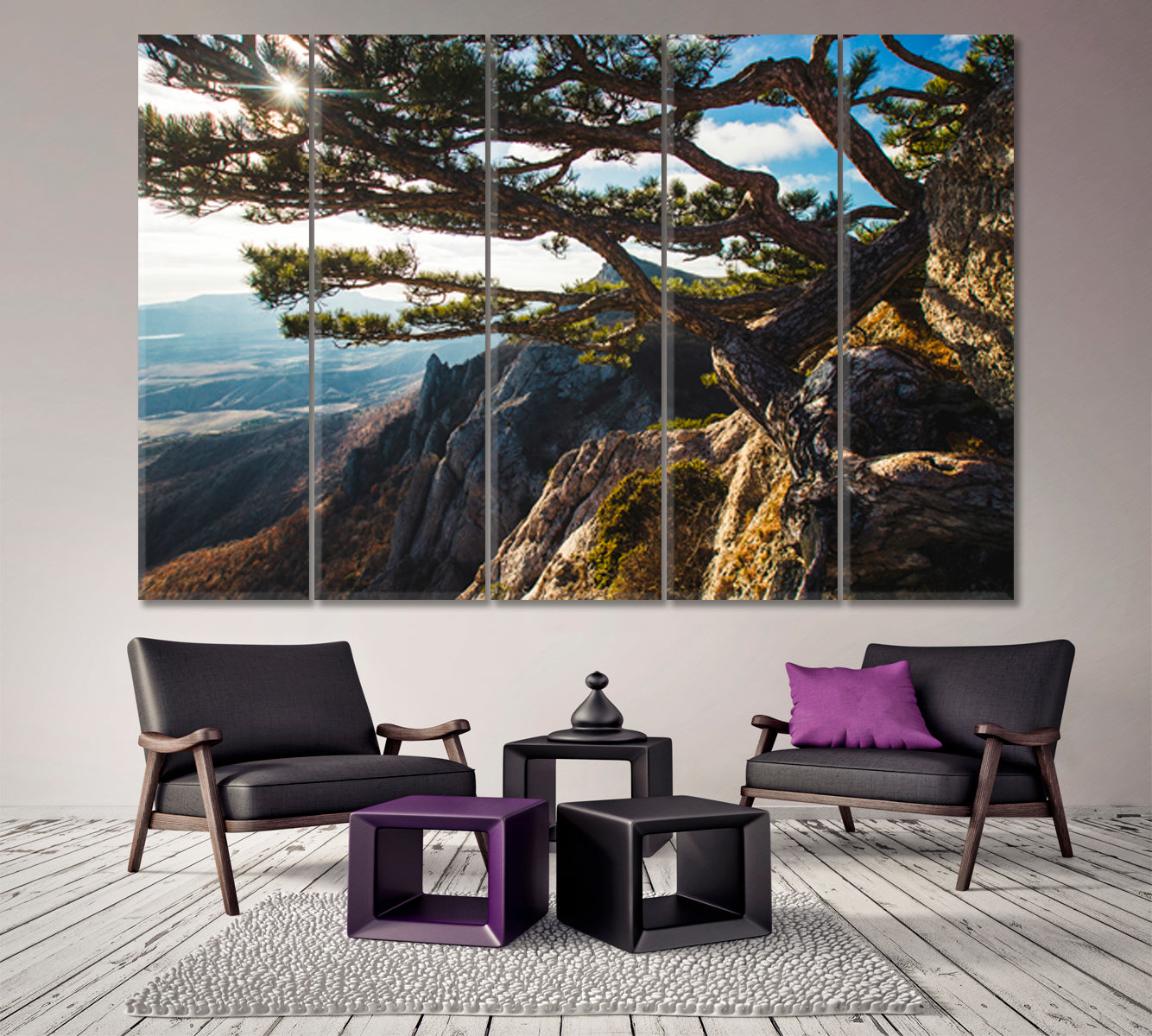 Breathtaking Beautiful Mountains Sunset Big Pine Tree on the Rock Nature Wall Canvas Print Artesty   