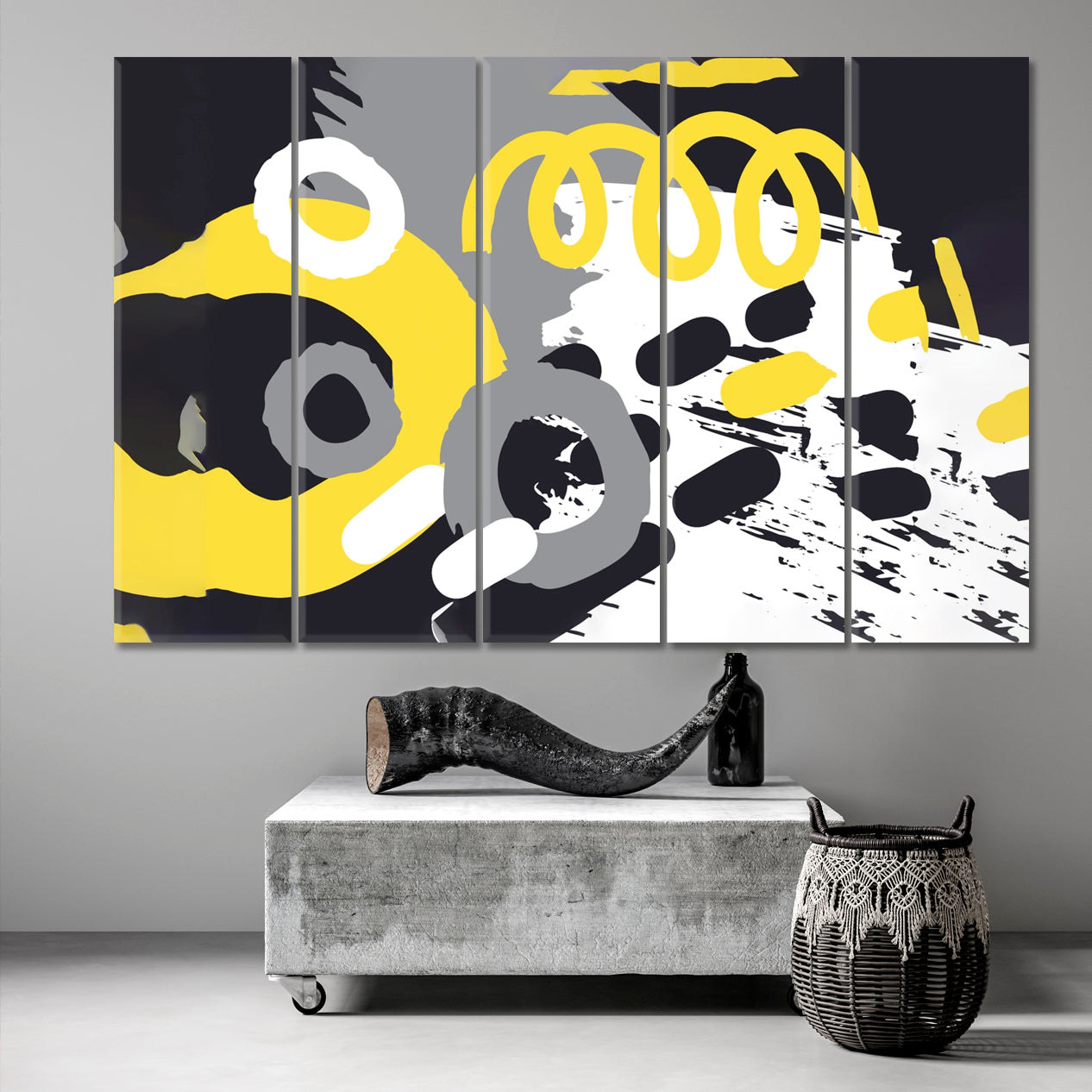 TRENDY GRAY YELLOW Illuminating and Ultimate Grey Colors of the Year 2024 Abstract Art Print Artesty 5 panels 36" x 24" 