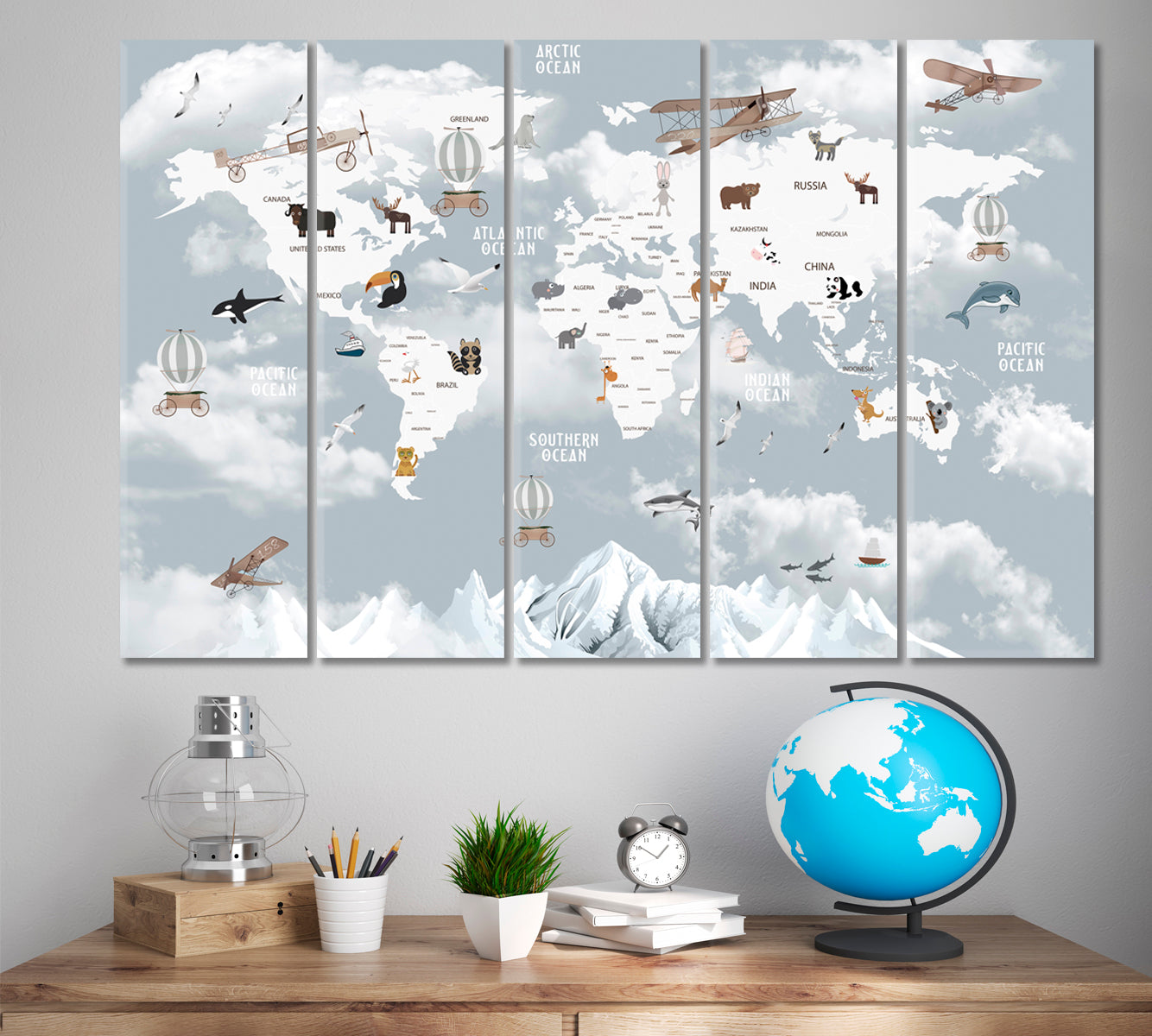 WORLD MAP Animals Map for Kids Nursery Room Maps Canvas Artwork Artesty 5 panels 36" x 24" 