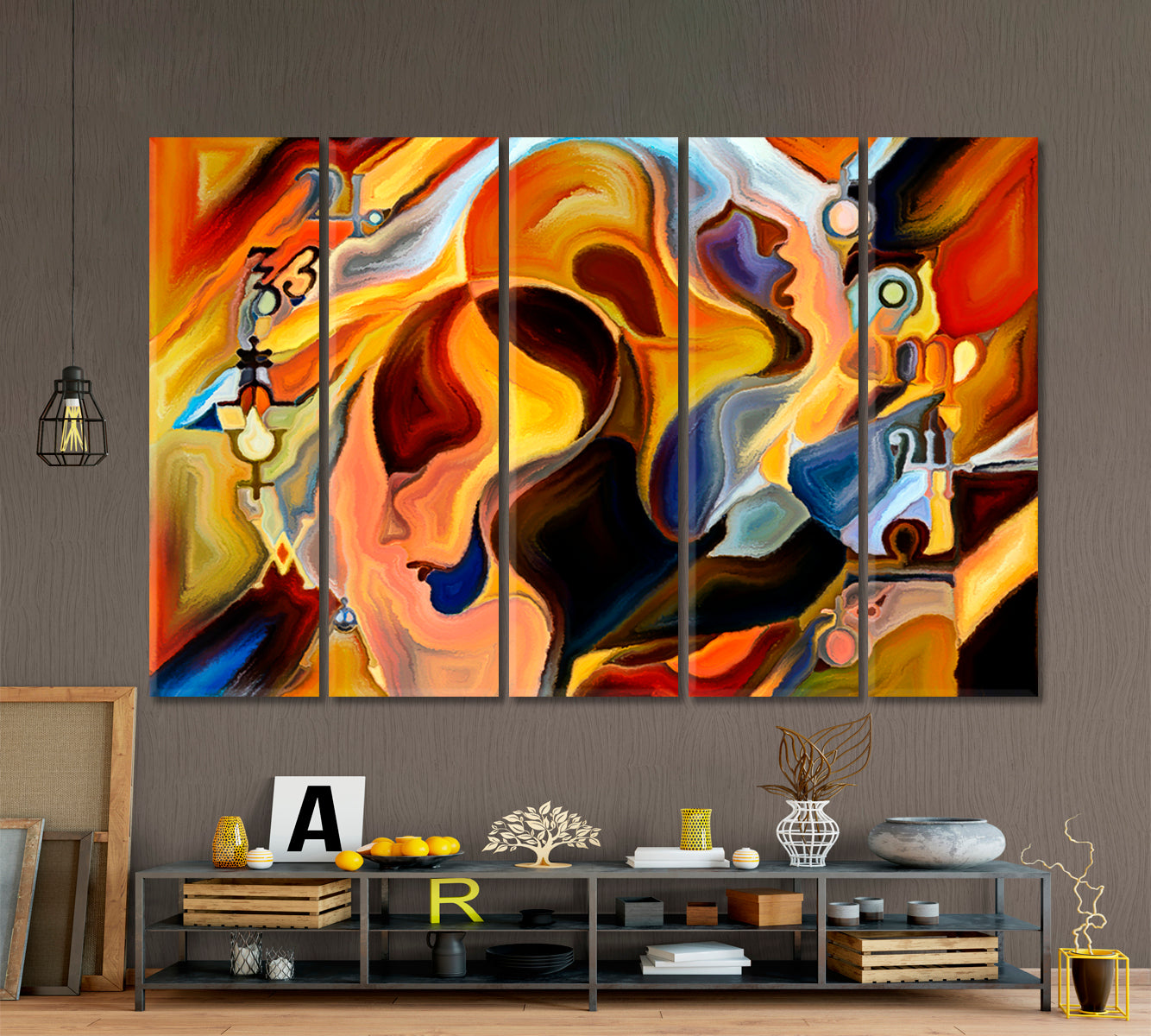 SACRED SYMBOLS Human and Magical Abstract Shapes Abstract Art Print Artesty 5 panels 36" x 24" 