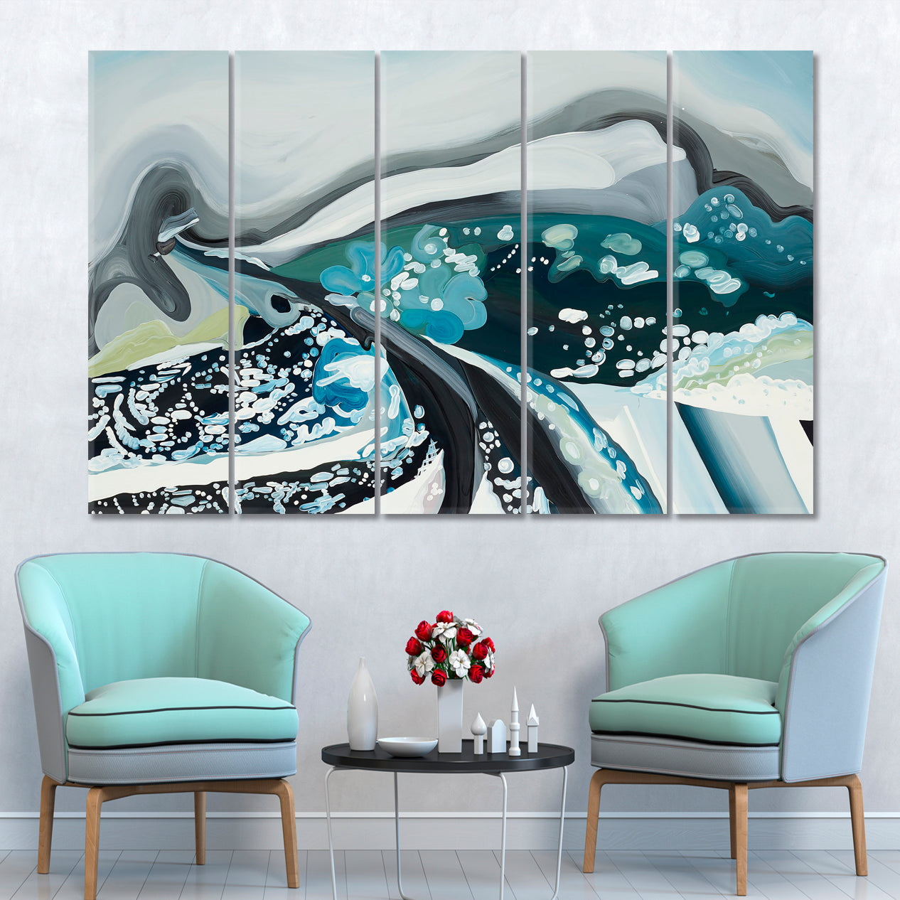 CONTEMPORARY ABSTRACT Blue Artwork Contemporary Art Artesty 5 panels 36" x 24" 