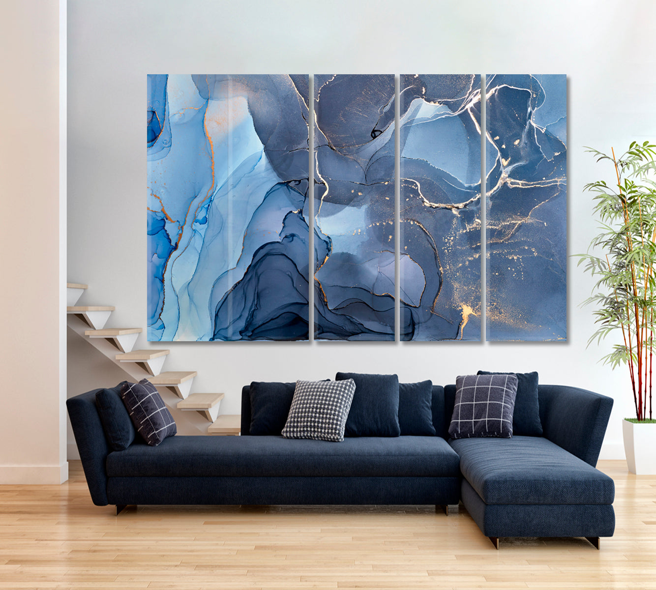 Soft Blue Alcohol Ink Colors Translucent Modern Marble Fluid Art, Oriental Marbling Canvas Print Artesty 5 panels 36" x 24" 