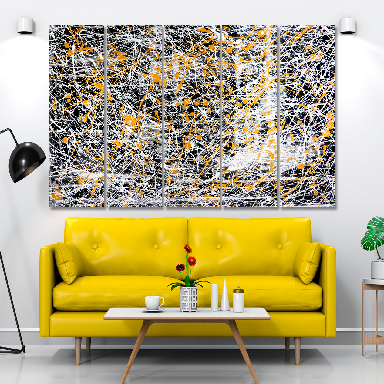 Abstract Drip White Black Yellow Modern Expressionist Contemporary Art Artesty   