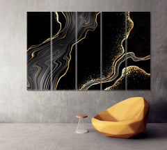 Abstract Black Agate Golden Veins Marble Giclée Print Fluid Art, Oriental Marbling Canvas Print Artesty 5 panels 36" x 24" 