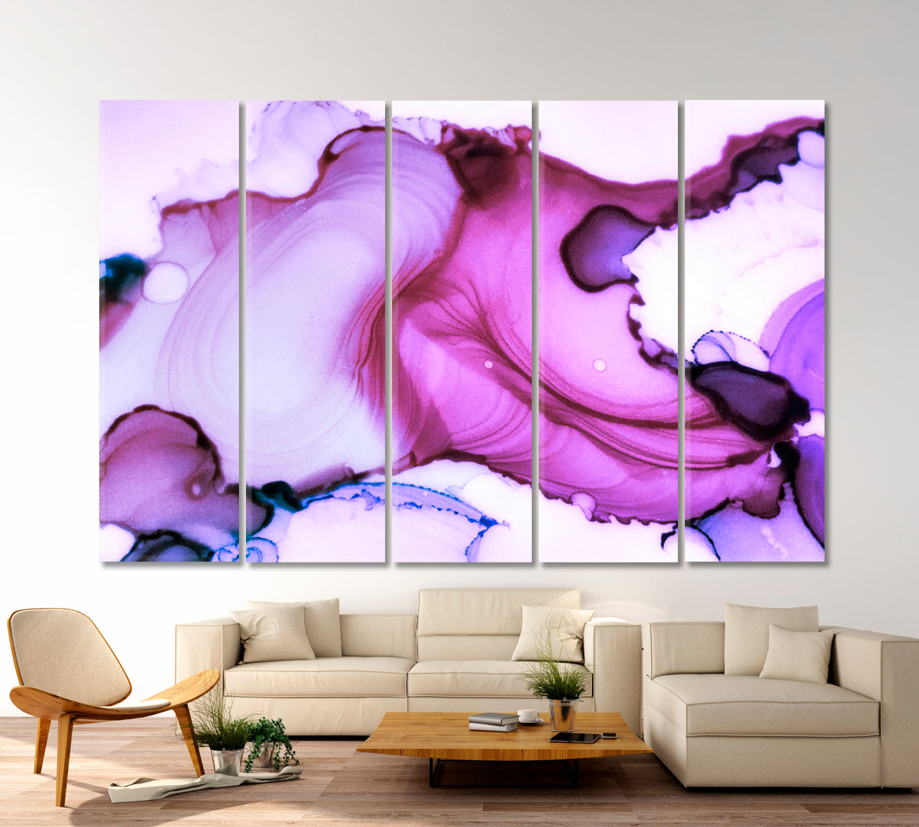 SPRING Ink Pattern Lavender Marble Style Colorful  Magenta Lilac Pink Fluid Art, Oriental Marbling Canvas Print Artesty 5 panels 36" x 24" 