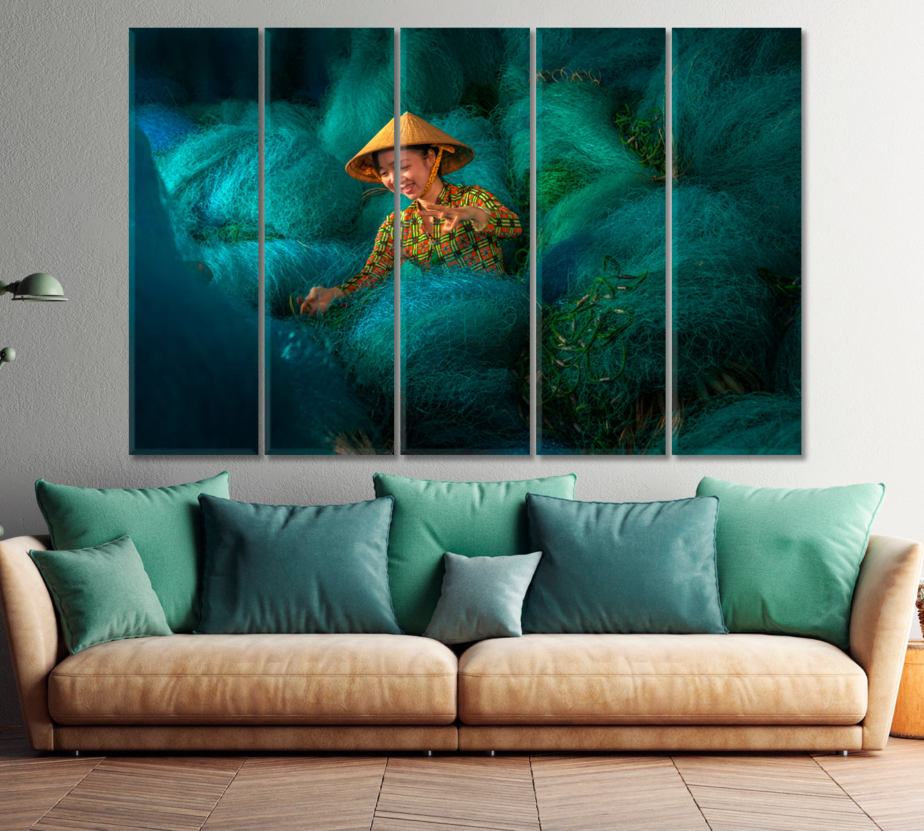 ASIA Fishing Net Repairing Workshop Asian Style Canvas Print Wall Art Artesty 5 panels 36" x 24" 