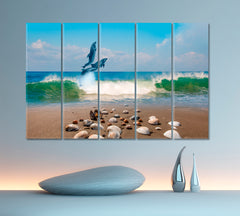 DOLPHINS | Dolphins Group Jumping Sea Wave Beautiful Seascape Blue Sky Canvas Print Nautical, Sea Life Pattern Art Artesty   