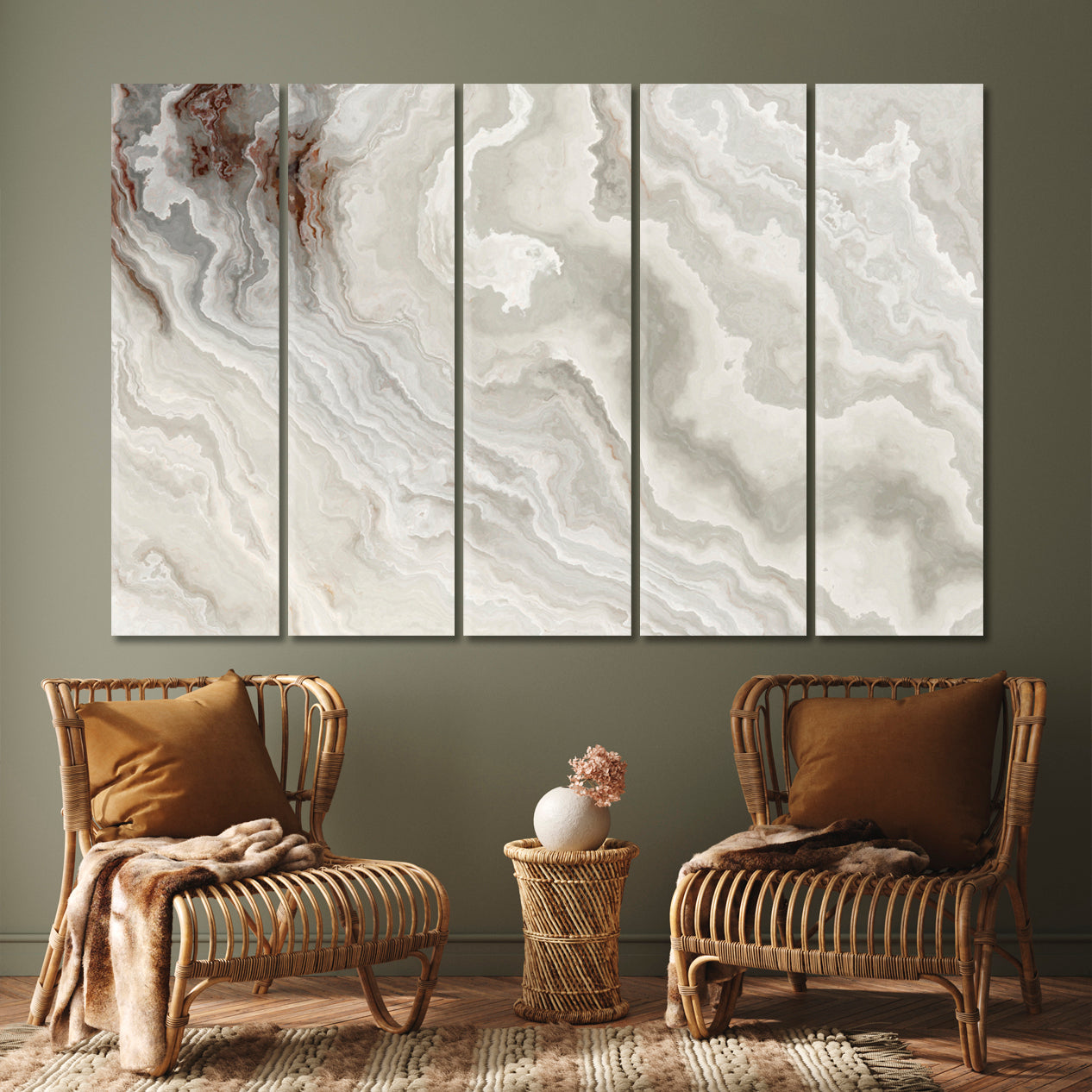 Marble Pattern Ivory Beige Pastel Colors Suminagashi Fluid Art, Oriental Marbling Canvas Print Artesty 5 panels 36" x 24" 