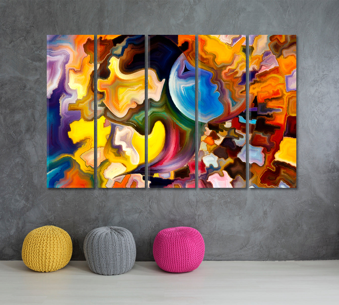 Extrasensory Perception, Profile Lines and Colorful Shapes Abstract Art Print Artesty 5 panels 36" x 24" 