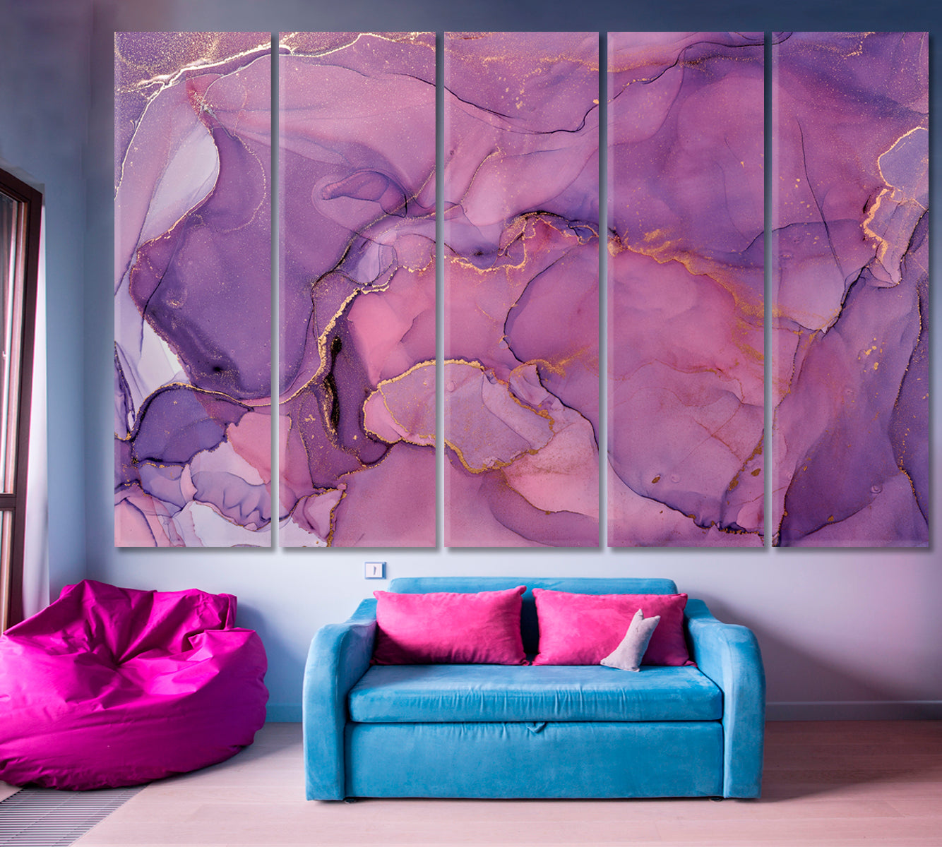 PURPLE Modern Marble Alcohol Ink Pattern Violet Swirls Fluid Art, Oriental Marbling Canvas Print Artesty 5 panels 36" x 24" 