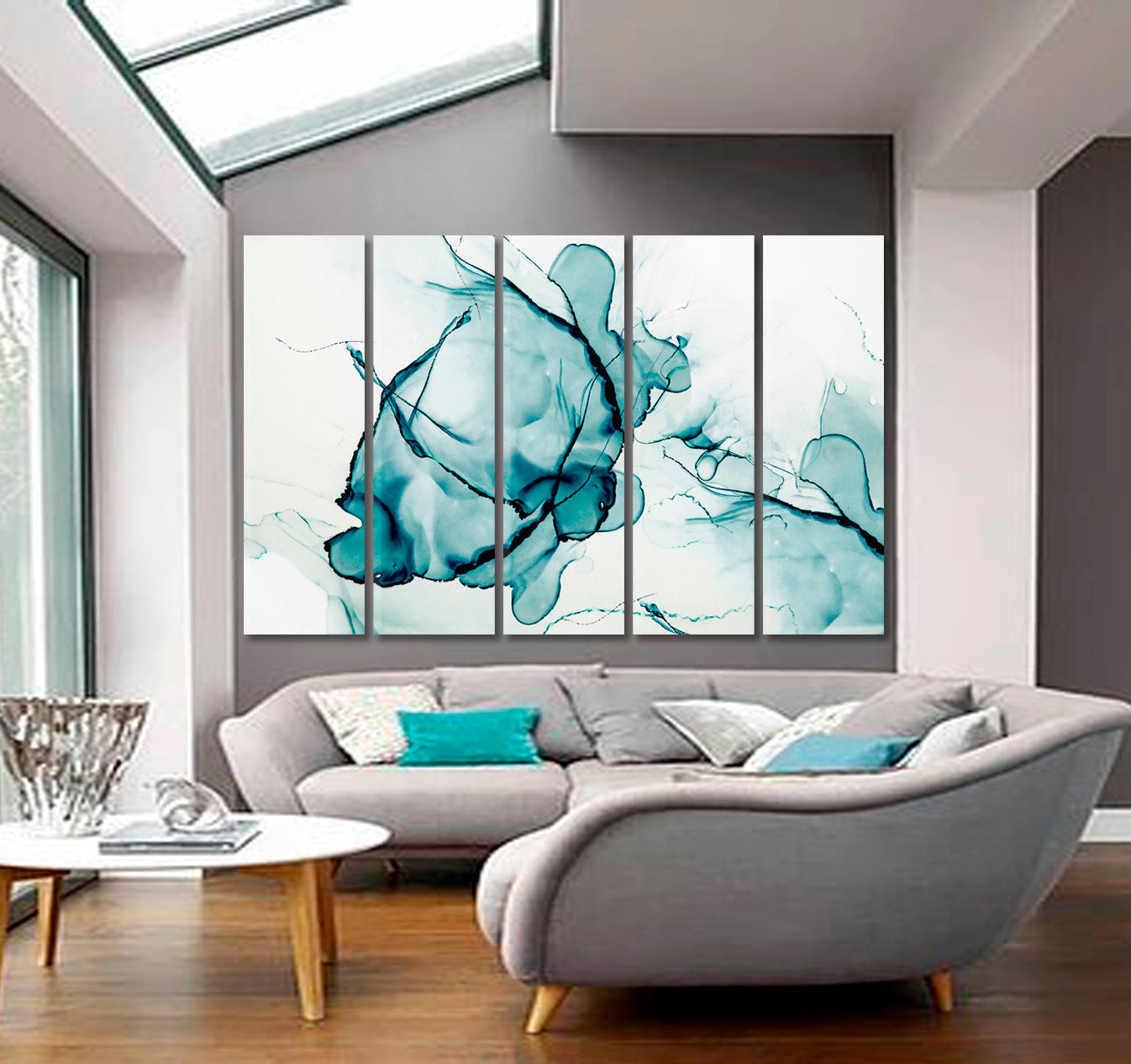 Turquoise Marble Transparent Creative Abstract Trendy Ink Colors Fluid Art, Oriental Marbling Canvas Print Artesty 5 panels 36" x 24" 