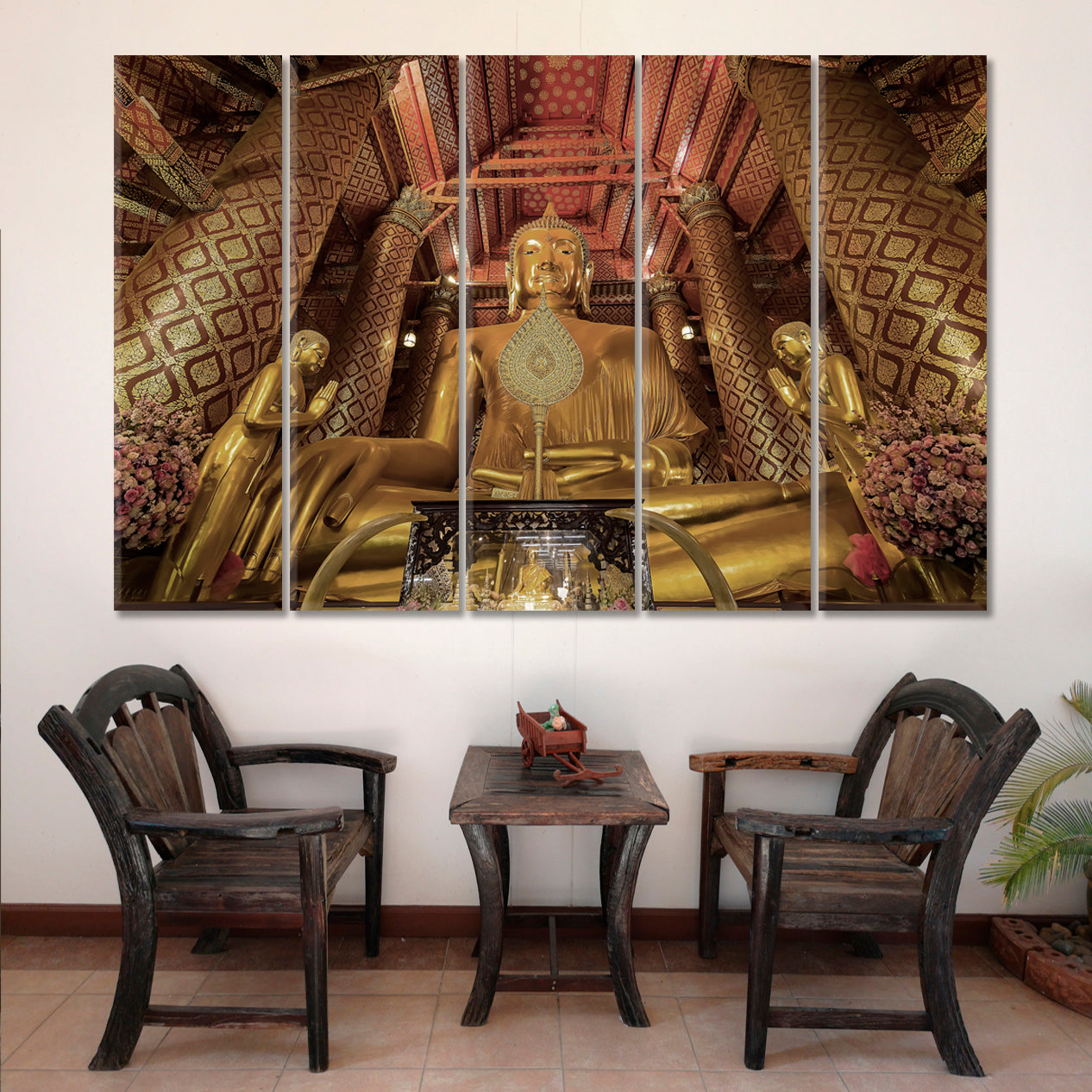 Giant Golden Buddha Thailand Religious Modern Art Artesty 5 panels 36" x 24" 