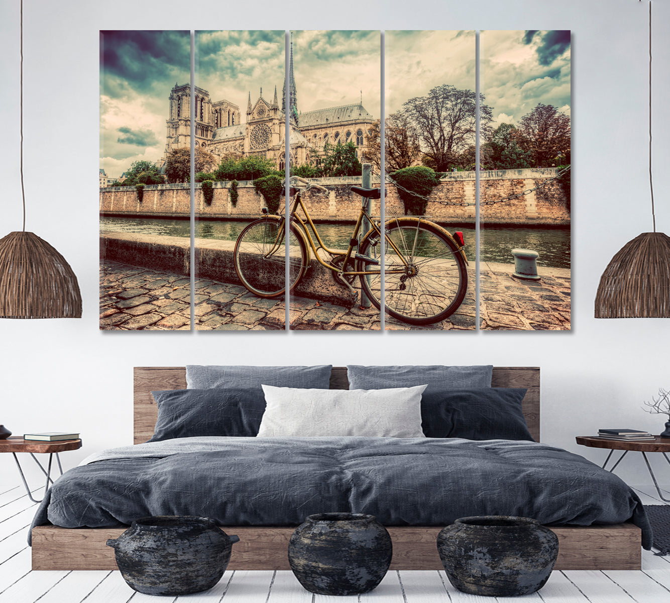 Retro Bicycle Notre Dame Old Cathedral Paris France Seine River Cities Wall Art Artesty 5 panels 36" x 24" 