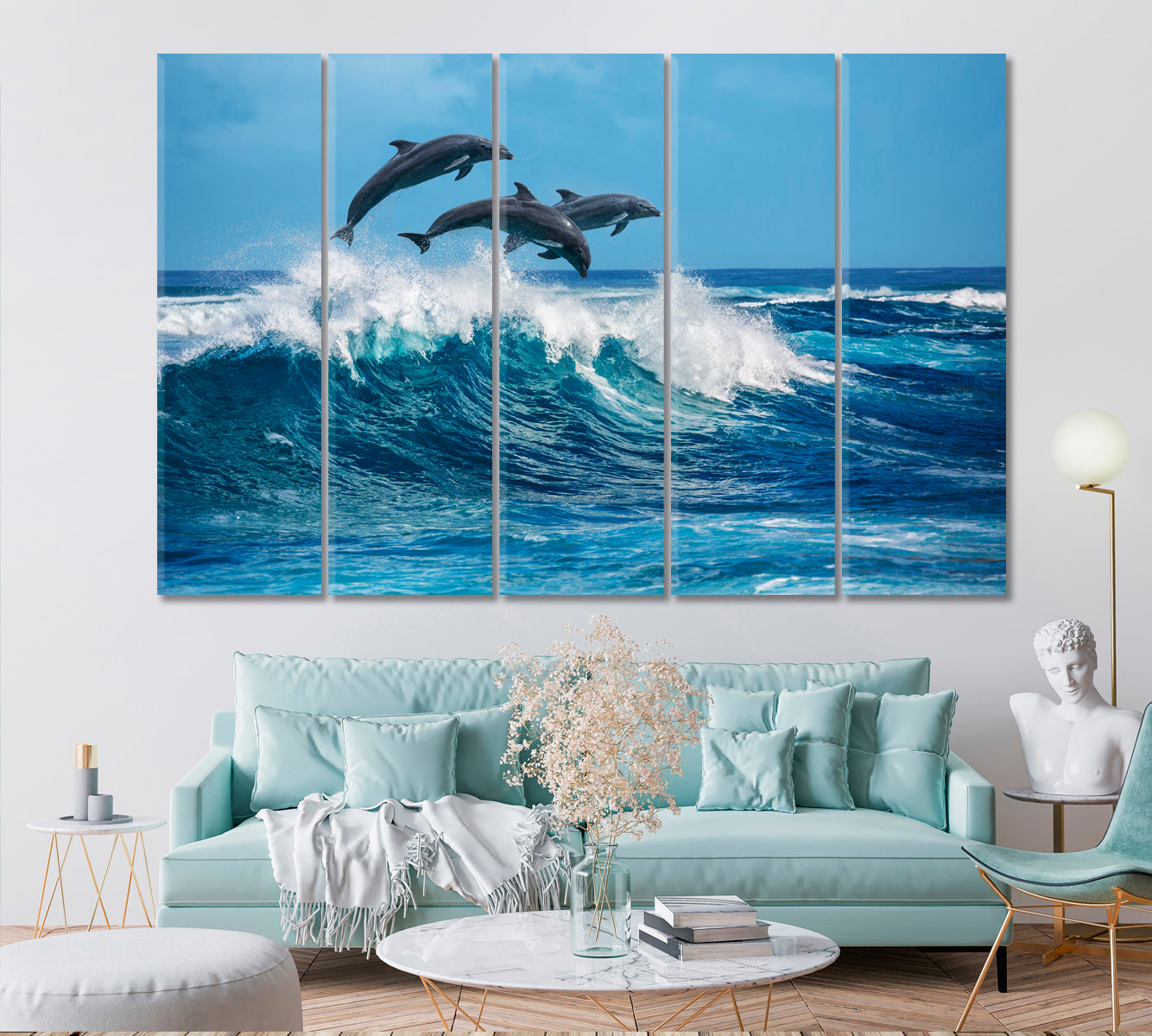 WILDLIFE Ocean Hawaii Dolphins Breaking Waves Marine Animals Nautical, Sea Life Pattern Art Artesty 5 panels 36" x 24" 