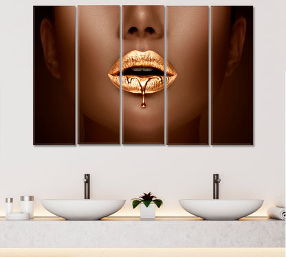 Beautiful Golden Lipstick Dripping Makeup Gold Lips Beauty Salon Artwork Prints Artesty 5 panels 36" x 24" 