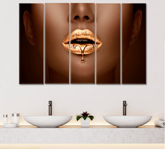 Beautiful Golden Lipstick Dripping Makeup Gold Lips Beauty Salon Artwork Prints Artesty 5 panels 36" x 24" 