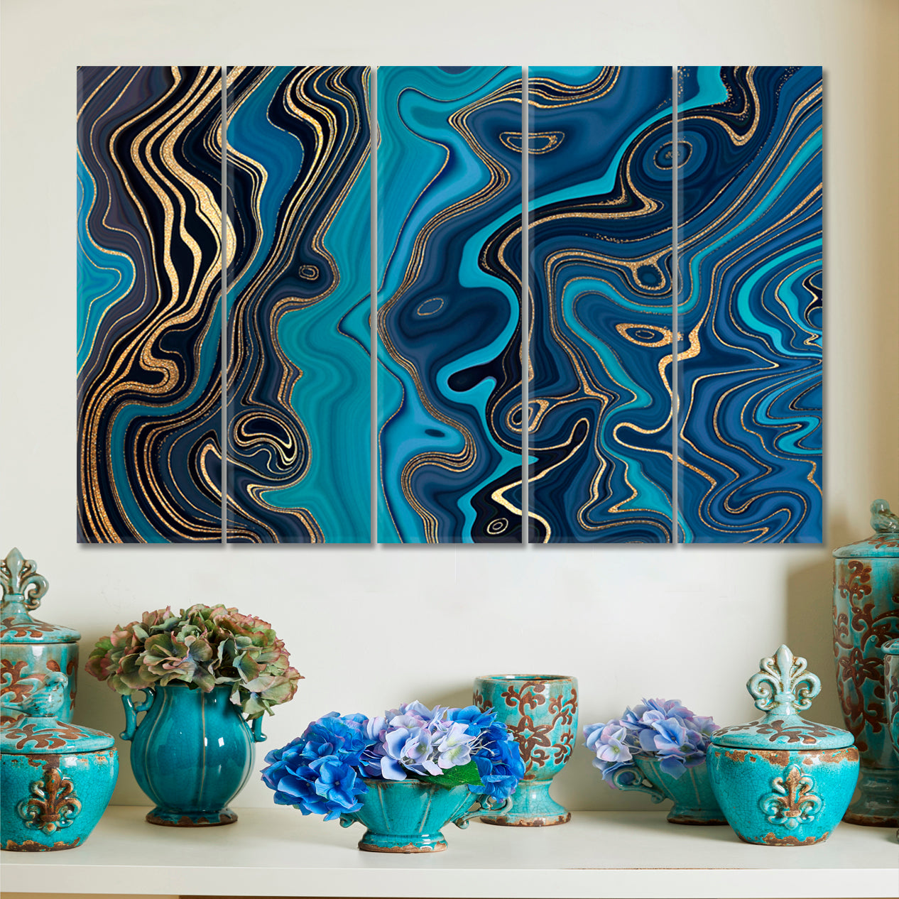 MARBLE EFFECT series Turquoise Navy Blue & Gold Abstract Swirl Artistic Design Giclée Print Fluid Art, Oriental Marbling Canvas Print Artesty 5 panels 36" x 24" 