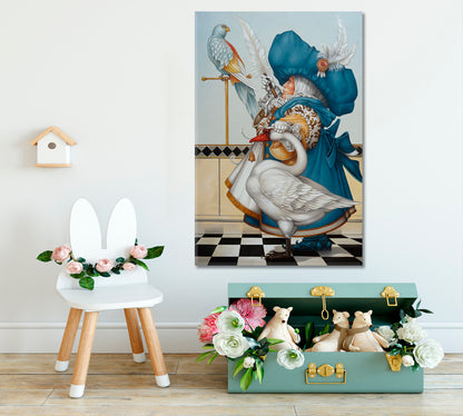 Gnome with Goose Surrealism Painting on Canvas Giclée Print | Vertical Surreal Fantasy Large Art Print Décor Artesty   