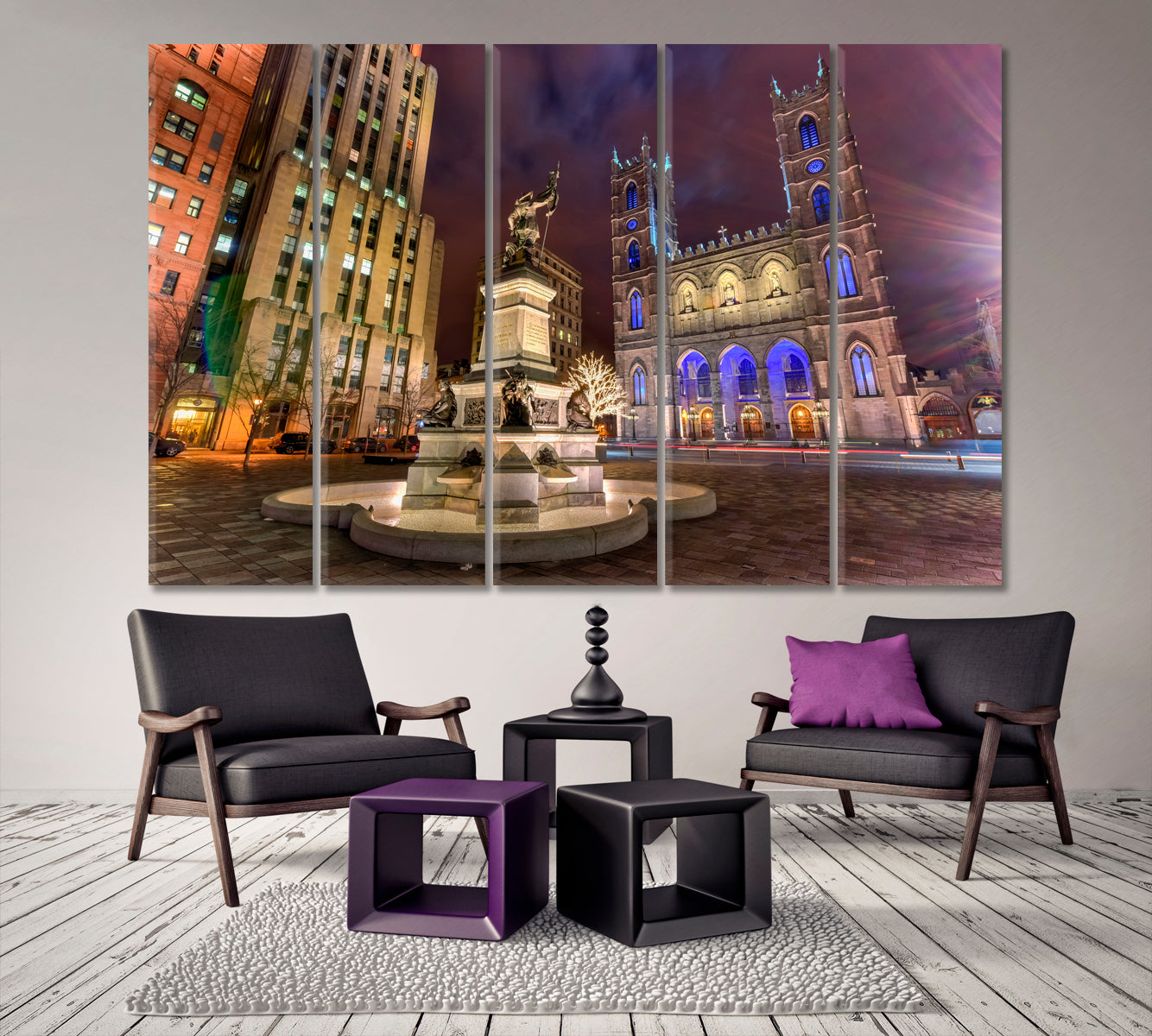 PLACE D'ARMES Montreal Notre-Dame Basilica Quebec Canada Photo Canvas Print Cities Wall Art Artesty 5 panels 36" x 24" 