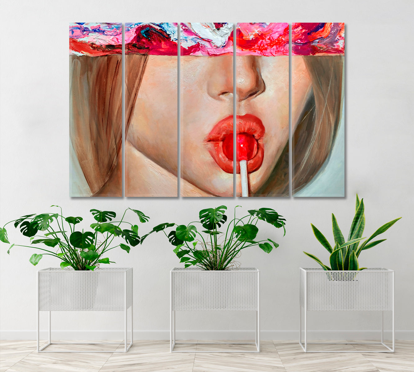 LOLLIPOP | Lollypop Candy-Coated Sweet Candy Red Lips Art Fantasy Woman Modern Fashion Canvas Print Fine Art Artesty 5 panels 36" x 24" 