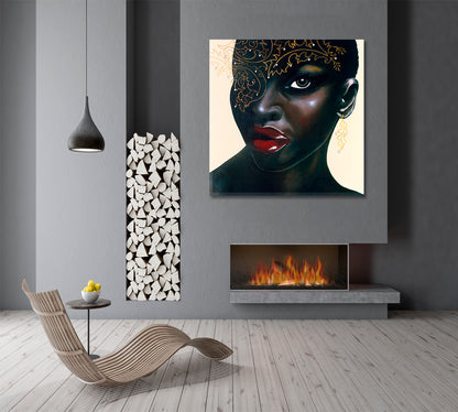 HOT CHOCOLATE  Stunning African Women Red Lips Canvas Print - Square Panel African Style Canvas Print Artesty   