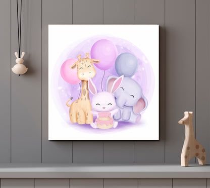 Cute Little Giraffe Rabbit and Elephant Sweet Kids Baby Nursery Art Print | Square Panel Kids Room Canvas Art Print Artesty   