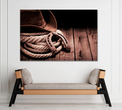 WILD WEST Retro Old Horseshoe Lariat Lasso Cowboy Rodeo Hat Vintage Affordable Canvas Print Artesty 1 panel 24" x 16" 