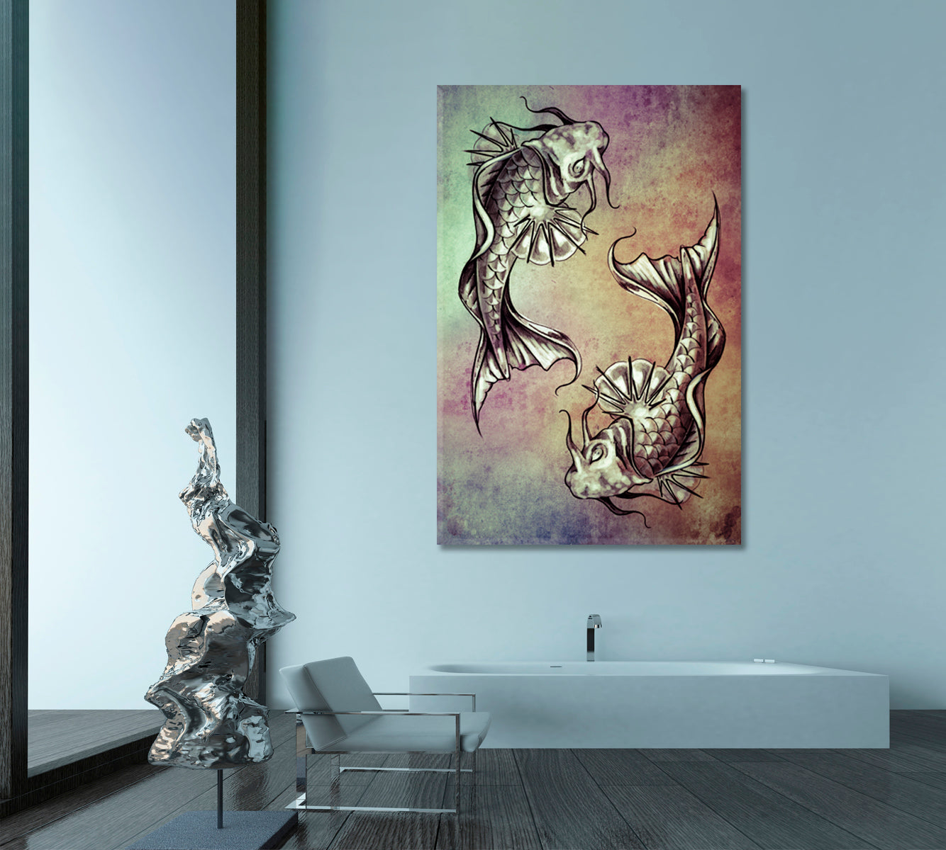 JAPANESE GOLDFISH Symbol of Good Fortune and Luck Koi Fishes Japanese Style Vintage - Square Panel - Vertical 1 panel Asian Style Canvas Print Wall Art Artesty 1 Panel 16"x24" 
