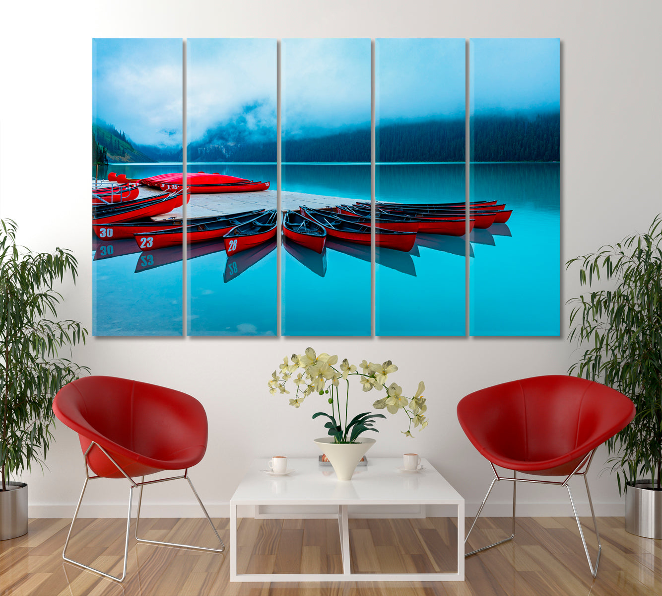 Red Canoes Turquoise Crystal Water Alberta Canada Foggy Lake Louise Scenery Landscape Fine Art Print Artesty 5 panels 36" x 24" 