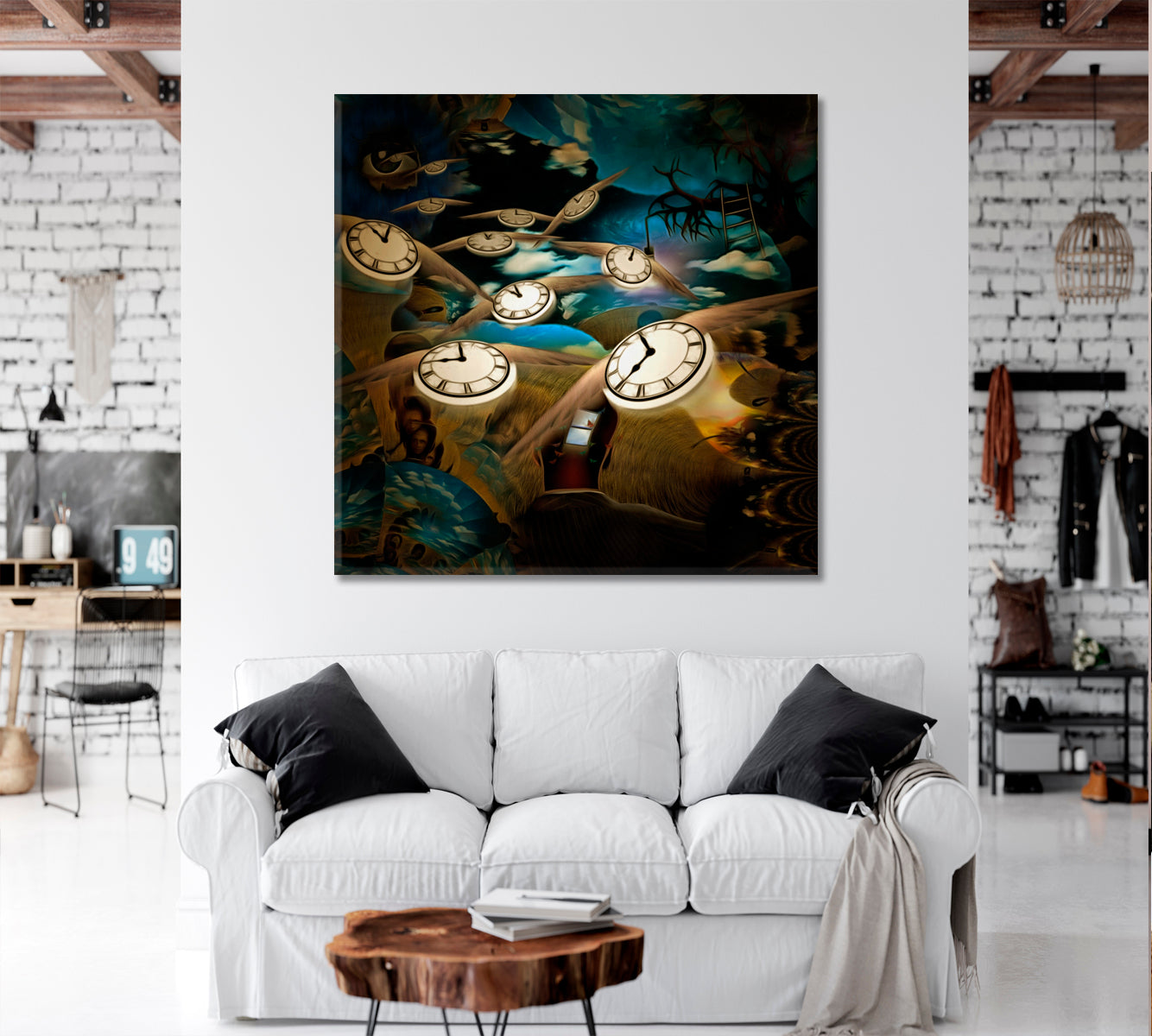 FLOW OF TIME Lord Eye And Winged Clocks Surreal Painting Surreal Fantasy Large Art Print Décor Artesty   