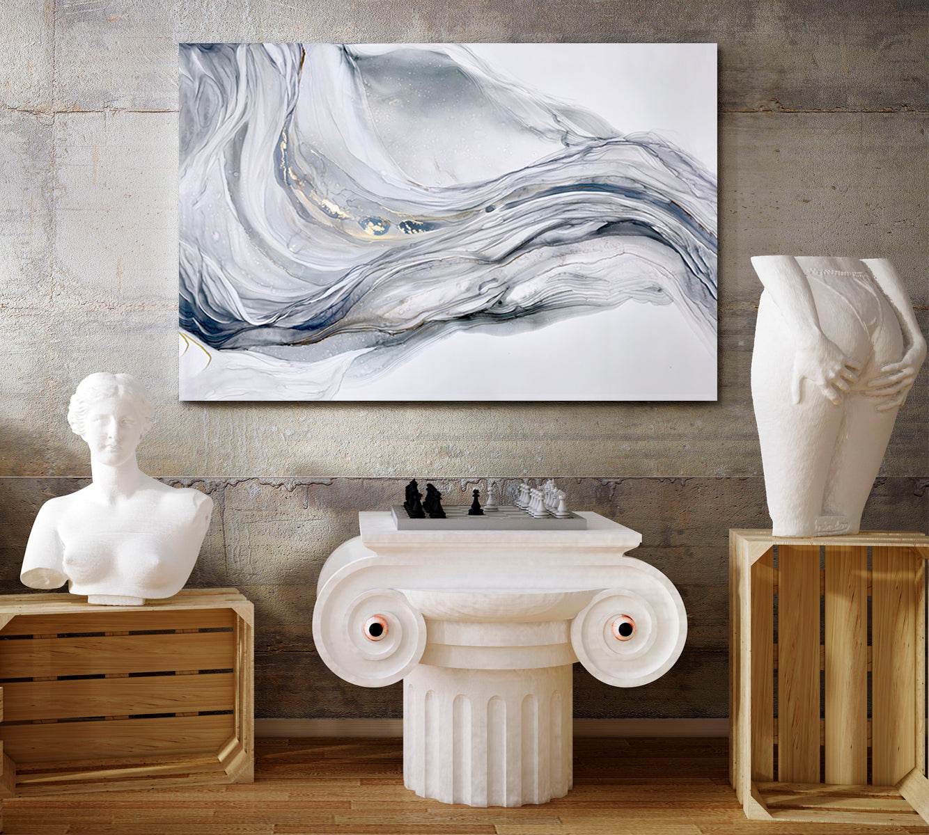 Beautiful Tender Blue Gray Abstract Waves Marble Effect Painting Fluid Art, Oriental Marbling Canvas Print Artesty   