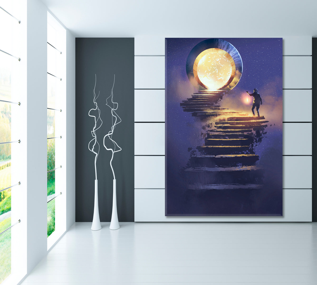 SURREAL The Skyward Journey Fantasy Light Man Lantern Staircase Fantastic Door - Vertical Surreal Fantasy Large Art Print Décor Artesty   
