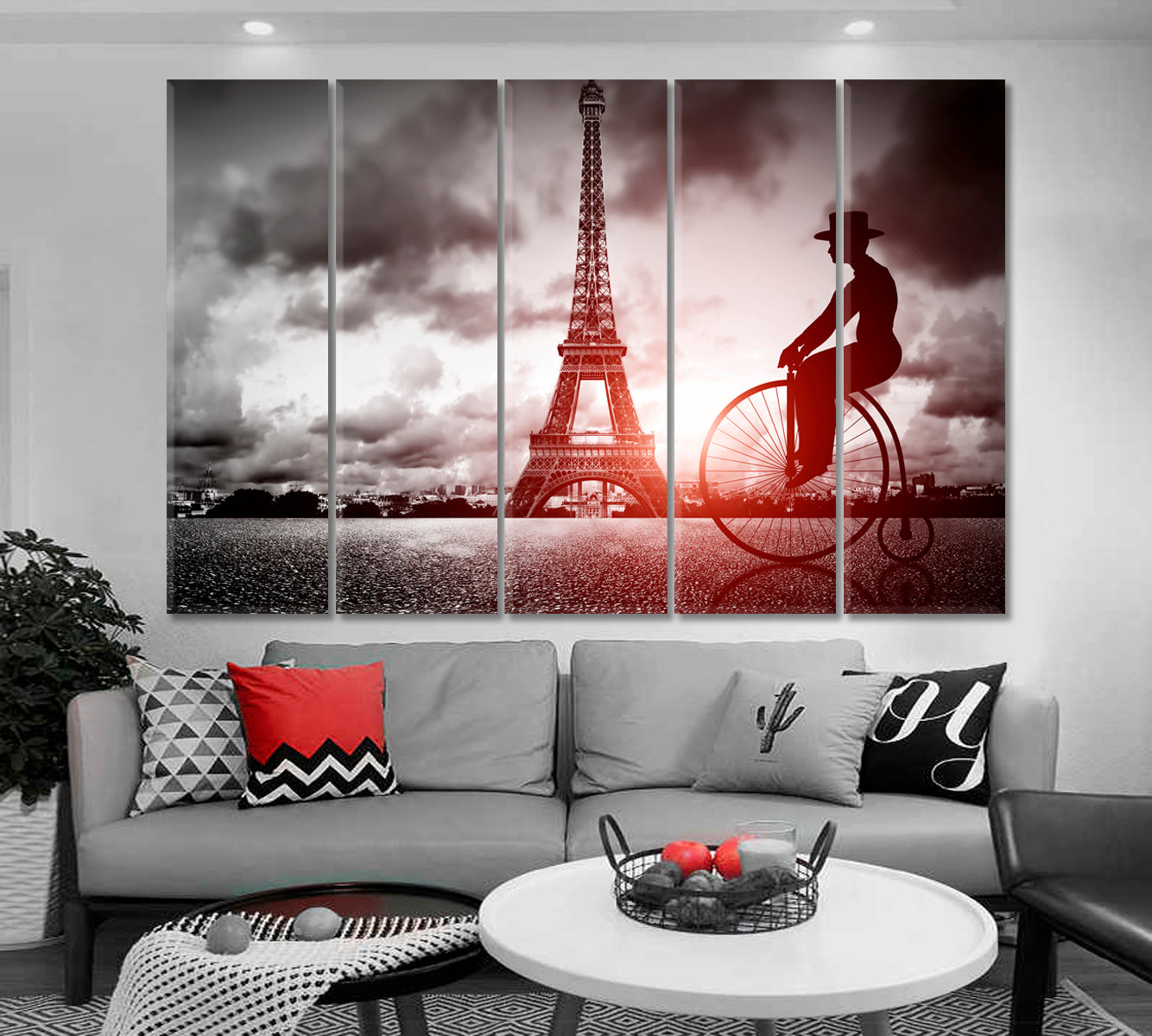 Man on a Retro Bicycle Eiffel Tower Paris France Black & White Vintage Canvas Print Vintage Affordable Canvas Print Artesty   