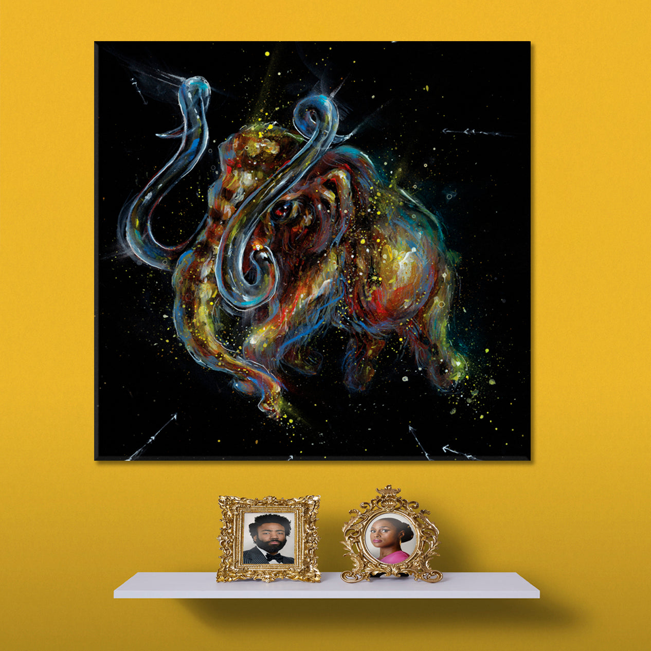 Golden Mammoth Representing Wealth Fantasy Animal Drip Paint Vivid on Black Canvas Print - Square Panel Contemporary Art Artesty   