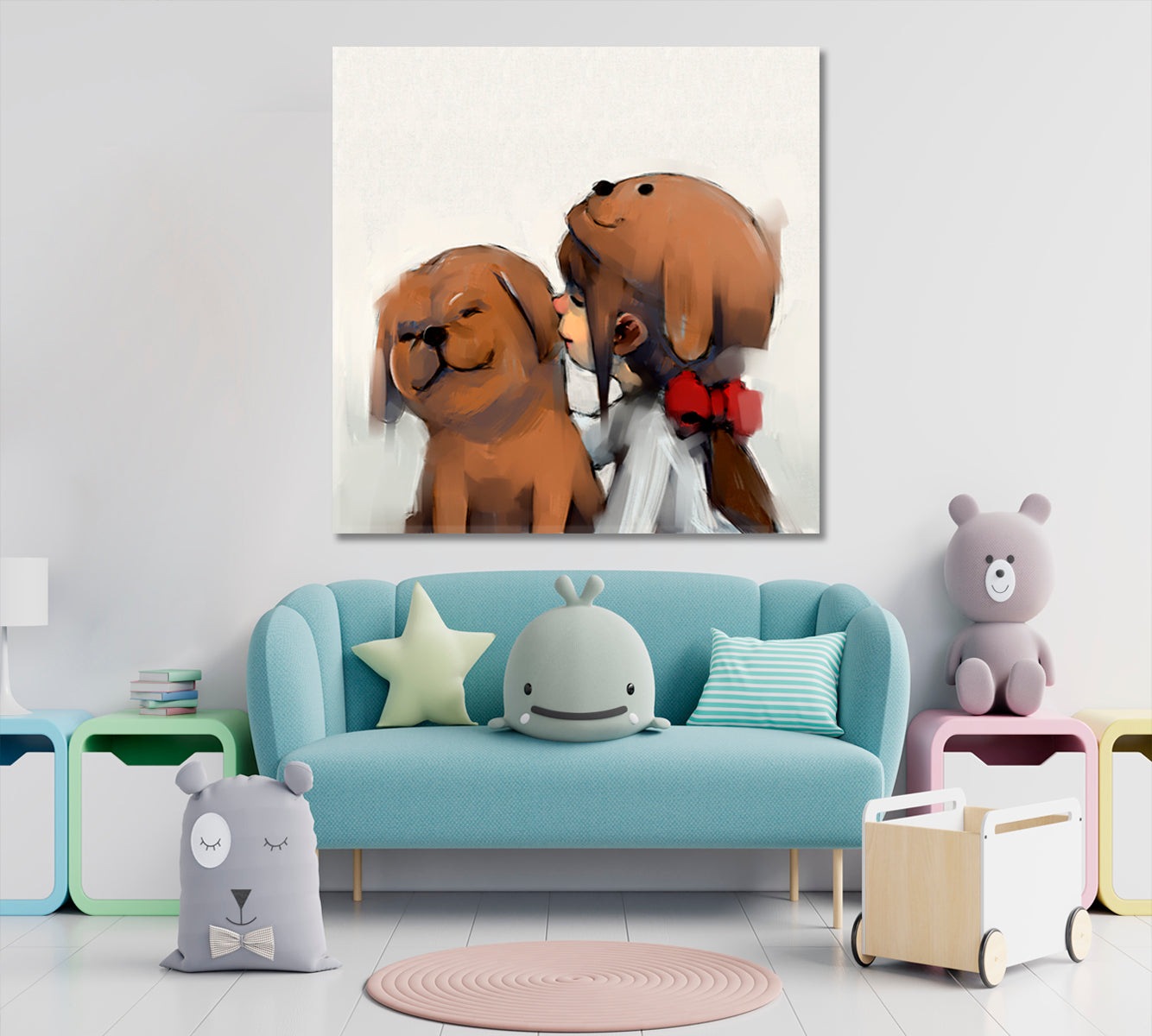 Cute Girl And Little Dog Sweet Art For Kids Kids Room Canvas Art Print Artesty   