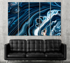Black Navy Blue Swirling Flows Fluid Acrylic Abstract Iridescent Marble Effect Fluid Art, Oriental Marbling Canvas Print Artesty 5 panels 36" x 24" 