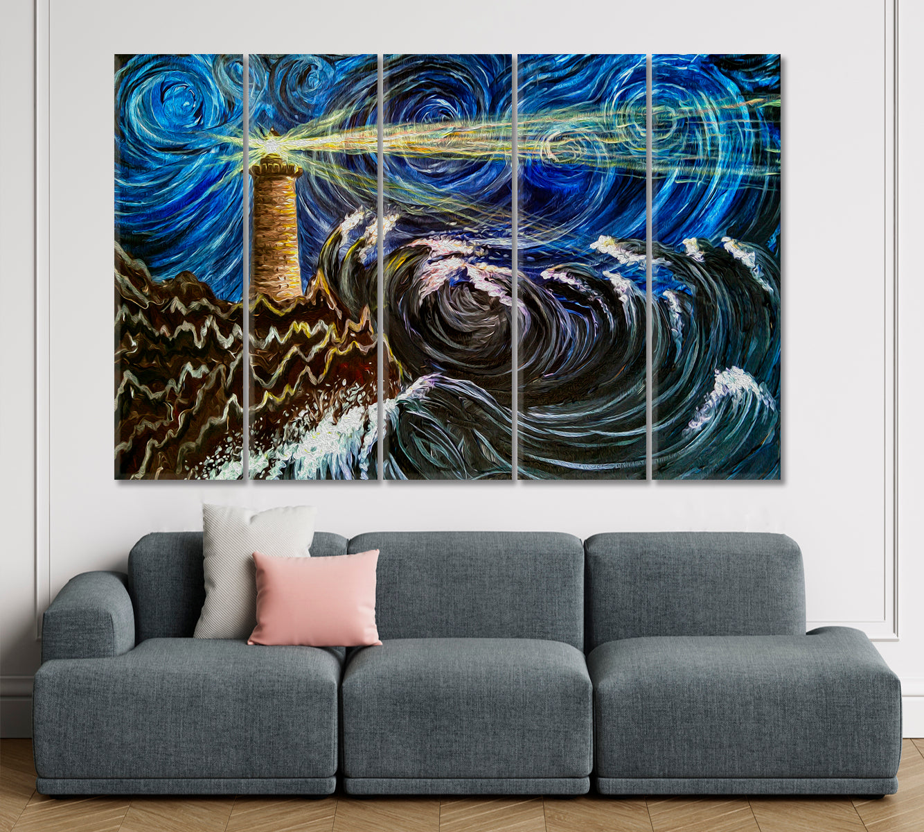 Lighthouse Sea Storm Waves Clouds Impressionism Van Gogh Style Fine Art Artesty 5 panels 36" x 24" 