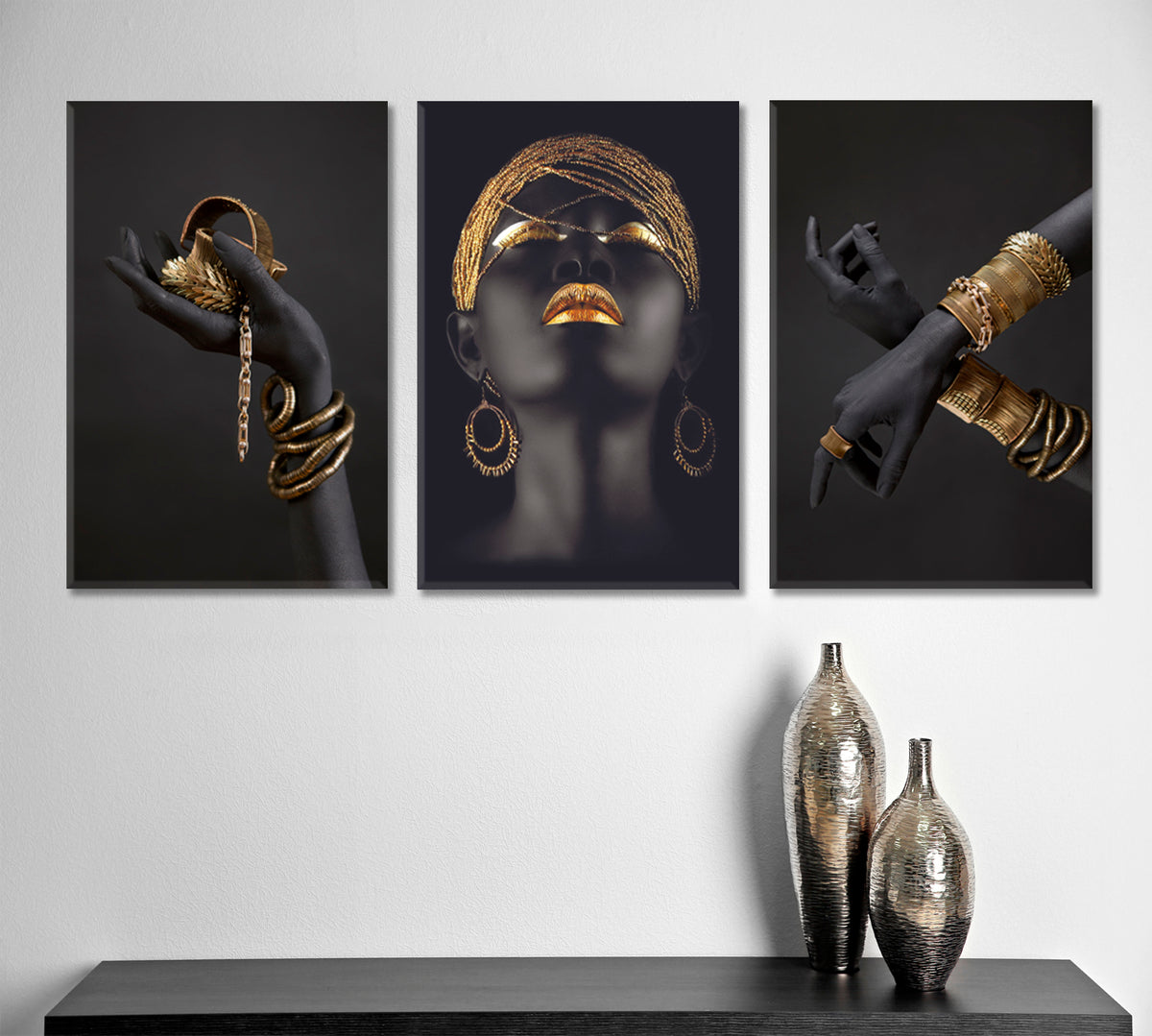 Black Woman Hand Gold High Fashion Art Luxury SET 3 Vertical Panels Abstract Art Print Artesty Set of 3 Vertical Panels 48"x24" 