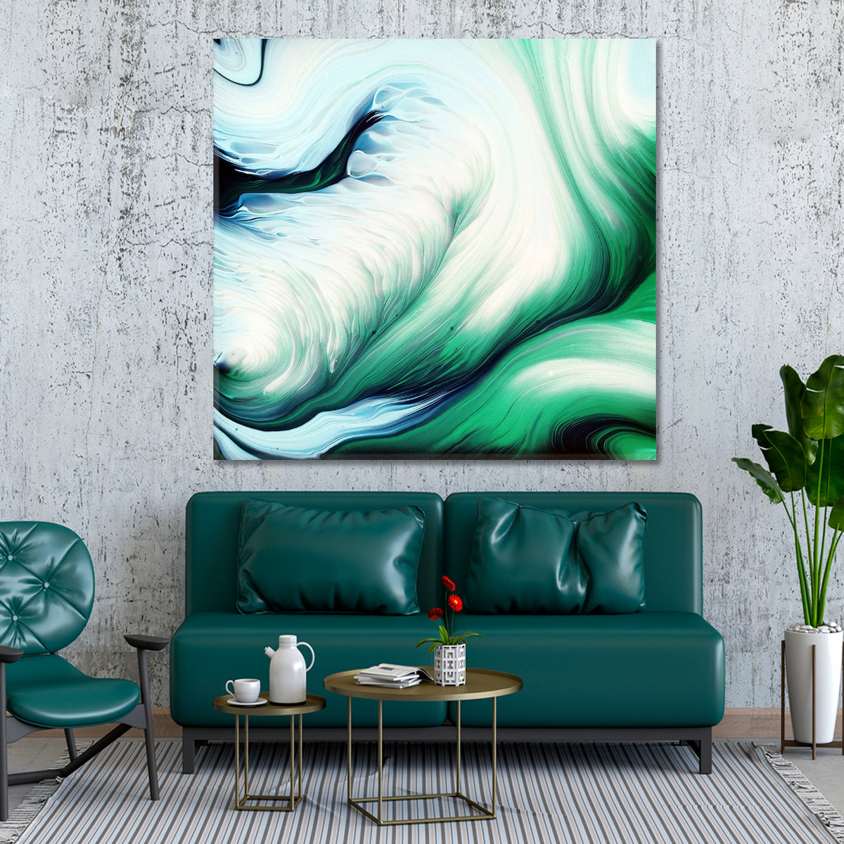 Green Waves Fluid Art Fluid Art, Oriental Marbling Canvas Print Artesty 1 Panel 12"x12" 