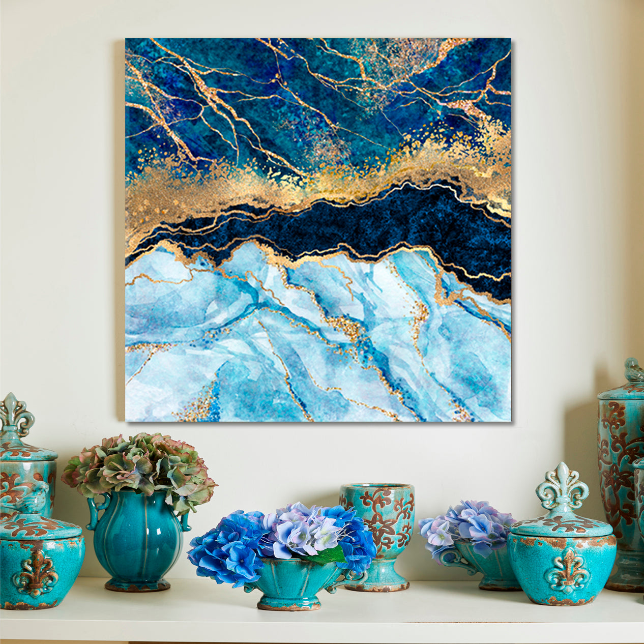 BLUE GOLD EFFECT Marble Swirls Fantastic Oriental Pattern Trendy - S Fluid Art, Oriental Marbling Canvas Print Artesty 1 Panel 12"x12" 