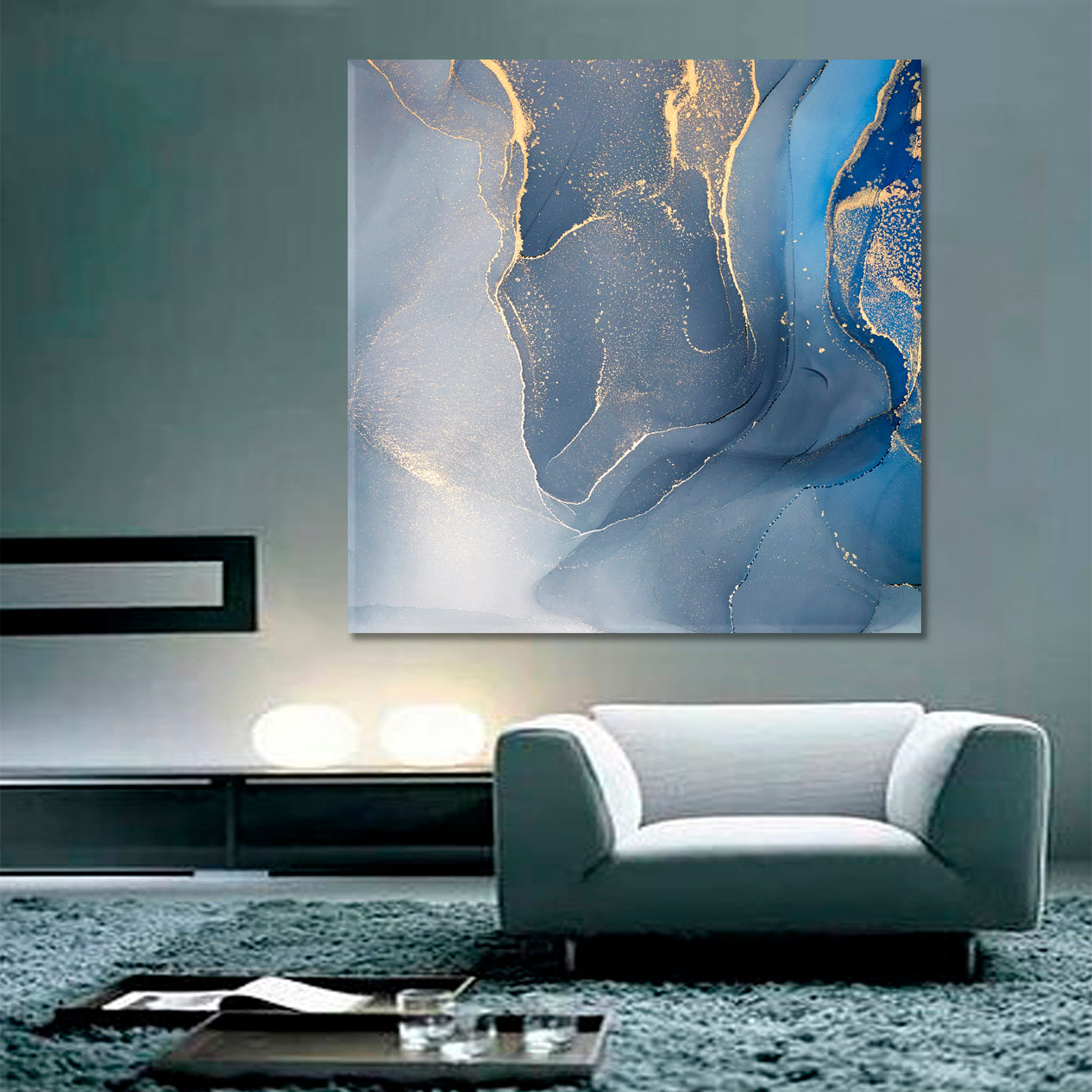 ABSTRACT MARBLE Tender Blue Modern Art Fluid Art, Oriental Marbling Canvas Print Artesty   