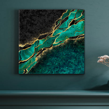 MALACHITE Japanese Kintsugi Technique Abstract Green Black Marble with Gold Veins Stone Canvas Print - Square Fluid Art, Oriental Marbling Canvas Print Artesty   