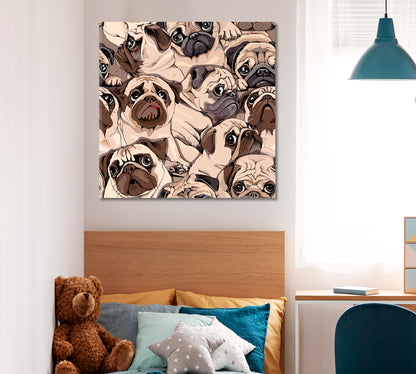 Funny Pugs Composition Sepia Art Style Humor Whimsical Animals Canvas Print - Square Panel Animals Canvas Print Artesty   