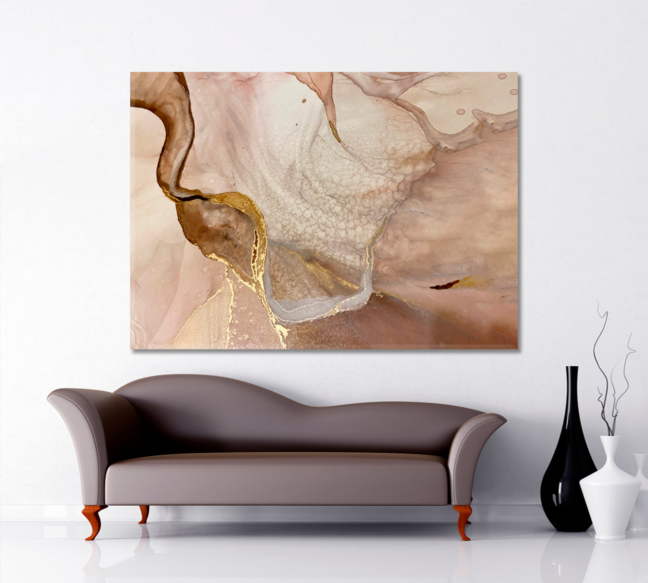 Tender Beige And Ivory Pastel Colors Golden Veins Abstract Marble Fluid Art, Oriental Marbling Canvas Print Artesty   