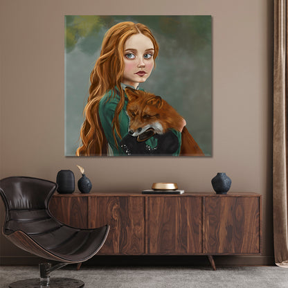 RED FOX GINGER STORY Girl Red Hair Lady Green Dress Surreal Fairy Tale Kids Room Canvas Art Print Artesty   