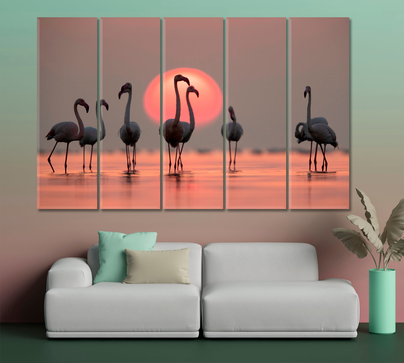 Asker Coast Greater Flamingos Amazing Coral Hue Sunset Dramatic Sky Wild Life Framed Art Artesty 5 panels 36" x 24" 