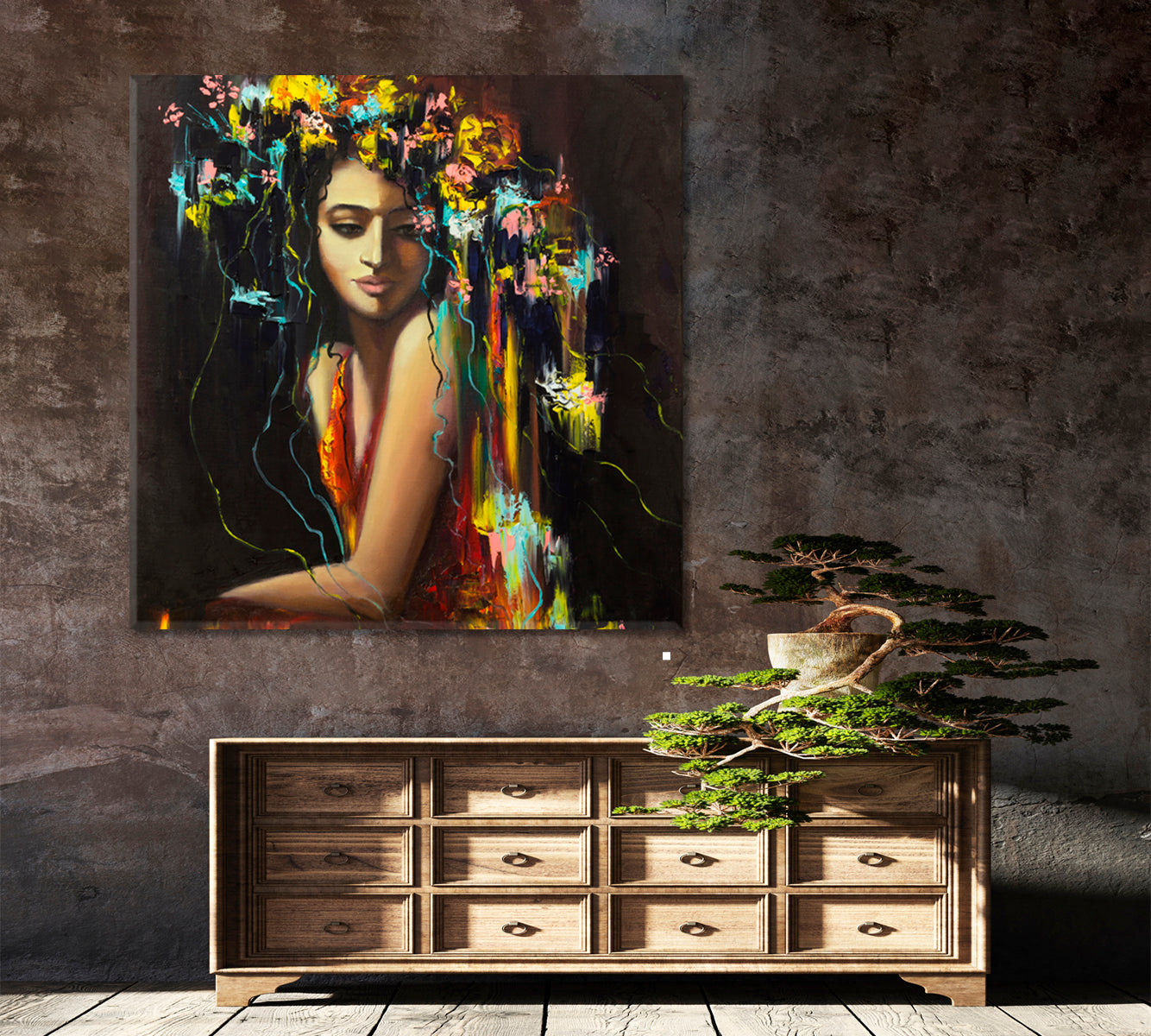 LADY OF THE FLOWERS Beautiful Woman Magic and Mythology Vivid Colors - Square Panel Fine Art Artesty   